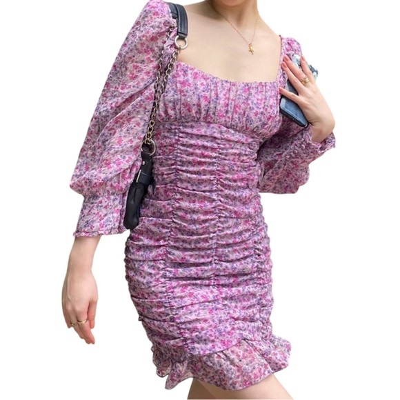 Zara Dresses & Skirts - Zara Dress XS Mini Purple Floral Ruched‎ Chiffon Balloon Sleeves Elasticated